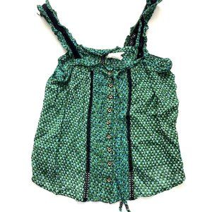 Anthropologie Women's Top Size 6 Green Blue Print Sheer Tank, Black Lace Detail